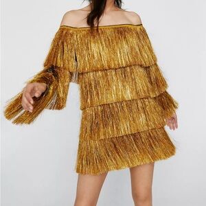 Nasty Gal gold Bardot tinsel off the shoulder mini dress XS/0 NWT
